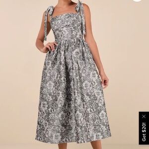 Successfully Chic Grey Jacquard Pleated Tie-Strap Midi Dress